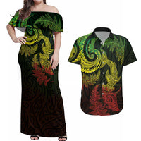 New Zealand Sea Animals with Maori Tribal Tattoo Couples Matching Off Shoulder Maxi Dress and Hawaiian Shirt Shark Manta Ray with Silver Fern Reggae