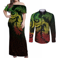 New Zealand Sea Animals with Maori Tribal Tattoo Couples Matching Off Shoulder Maxi Dress and Long Sleeve Button Shirt Shark Manta Ray with Silver Fern Reggae