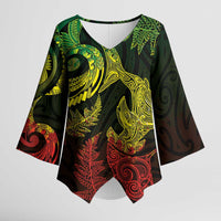 New Zealand Sea Animals with Maori Tribal Tattoo Kimono Sleeve Blouse Shark Manta Ray with Silver Fern Reggae