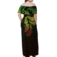 New Zealand Sea Animals with Maori Tribal Tattoo Off Shoulder Maxi Dress Shark Manta Ray with Silver Fern Reggae