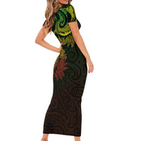 New Zealand Sea Animals with Maori Tribal Tattoo Short Sleeve Bodycon Dress Shark Manta Ray with Silver Fern Reggae
