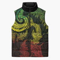New Zealand Sea Animals with Maori Tribal Tattoo Sleeveless Puffer Jacket Shark Manta Ray with Silver Fern Reggae