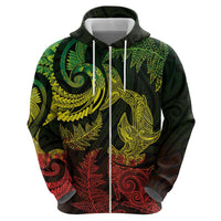 New Zealand Sea Animals with Maori Tribal Tattoo Zip Hoodie Shark Manta Ray with Silver Fern Reggae
