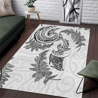 New Zealand Sea Animals with Maori Tribal Tattoo Area Rug Shark Manta Ray with Silver Fern White