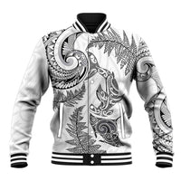 New Zealand Sea Animals with Maori Tribal Tattoo Baseball Jacket Shark Manta Ray with Silver Fern White