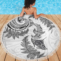 New Zealand Sea Animals with Maori Tribal Tattoo Beach Blanket Shark Manta Ray with Silver Fern White
