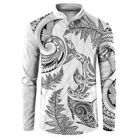 New Zealand Sea Animals with Maori Tribal Tattoo Button Sweatshirt Shark Manta Ray with Silver Fern White
