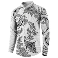 New Zealand Sea Animals with Maori Tribal Tattoo Button Sweatshirt Shark Manta Ray with Silver Fern White