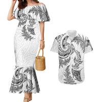 New Zealand Sea Animals with Maori Tribal Tattoo Couples Matching Mermaid Dress and Hawaiian Shirt Shark Manta Ray with Silver Fern White