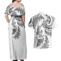 New Zealand Sea Animals with Maori Tribal Tattoo Couples Matching Off Shoulder Maxi Dress and Hawaiian Shirt Shark Manta Ray with Silver Fern White