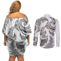 New Zealand Sea Animals with Maori Tribal Tattoo Couples Matching Off Shoulder Short Dress and Long Sleeve Button Shirt Shark Manta Ray with Silver Fern White