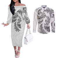 New Zealand Sea Animals with Maori Tribal Tattoo Couples Matching Off The Shoulder Long Sleeve Dress and Long Sleeve Button Shirt Shark Manta Ray with Silver Fern White