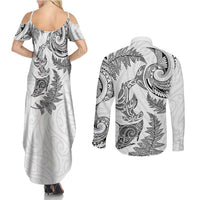 New Zealand Sea Animals with Maori Tribal Tattoo Couples Matching Summer Maxi Dress and Long Sleeve Button Shirt Shark Manta Ray with Silver Fern White