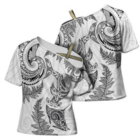 New Zealand Sea Animals with Maori Tribal Tattoo Cross Shoulder Shirt Shark Manta Ray with Silver Fern White