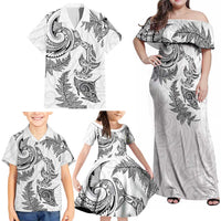 New Zealand Sea Animals with Maori Tribal Tattoo Family Matching Off Shoulder Maxi Dress and Hawaiian Shirt Shark Manta Ray with Silver Fern White