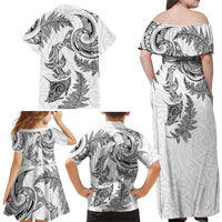 New Zealand Sea Animals with Maori Tribal Tattoo Family Matching Off Shoulder Maxi Dress and Hawaiian Shirt Shark Manta Ray with Silver Fern White
