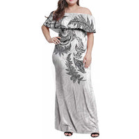 New Zealand Sea Animals with Maori Tribal Tattoo Family Matching Off Shoulder Maxi Dress and Hawaiian Shirt Shark Manta Ray with Silver Fern White