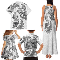 New Zealand Sea Animals with Maori Tribal Tattoo Family Matching Tank Maxi Dress and Hawaiian Shirt Shark Manta Ray with Silver Fern White