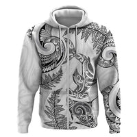 New Zealand Sea Animals with Maori Tribal Tattoo Hoodie Shark Manta Ray with Silver Fern White
