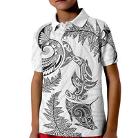 New Zealand Sea Animals with Maori Tribal Tattoo Kid Polo Shirt Shark Manta Ray with Silver Fern White