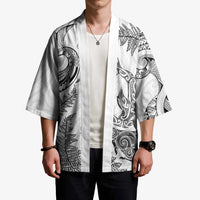 New Zealand Sea Animals with Maori Tribal Tattoo Kimono Shark Manta Ray with Silver Fern White