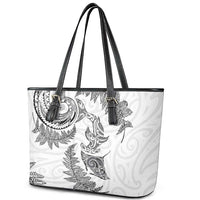 New Zealand Sea Animals with Maori Tribal Tattoo Leather Tote Bag Shark Manta Ray with Silver Fern White