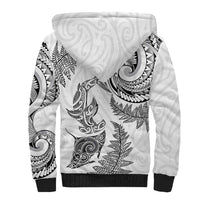 New Zealand Sea Animals with Maori Tribal Tattoo Sherpa Hoodie Shark Manta Ray with Silver Fern White