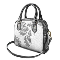New Zealand Sea Animals with Maori Tribal Tattoo Shoulder Handbag Shark Manta Ray with Silver Fern White