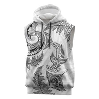 New Zealand Sea Animals with Maori Tribal Tattoo Sleeveless Hoodie Shark Manta Ray with Silver Fern White
