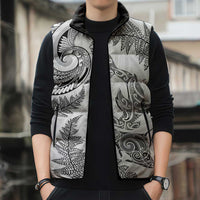 New Zealand Sea Animals with Maori Tribal Tattoo Sleeveless Puffer Jacket Shark Manta Ray with Silver Fern White