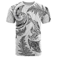 New Zealand Sea Animals with Maori Tribal Tattoo T Shirt Shark Manta Ray with Silver Fern White
