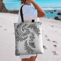 New Zealand Sea Animals with Maori Tribal Tattoo Tote Bag Shark Manta Ray with Silver Fern White
