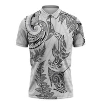 New Zealand Sea Animals with Maori Tribal Tattoo Zipper Polo Shirt Shark Manta Ray with Silver Fern White
