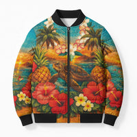 Hawaiian Turtles on Beach Bomber Puffer Jacket with Pineapple Tropical Plant and Lei LT03 Unisex Multicolor - Polynesian Pride