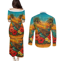 Hawaiian Turtles on Beach Couples Matching Puletasi and Long Sleeve Button Shirt with Pineapple Tropical Plant and Lei LT03 - Polynesian Pride