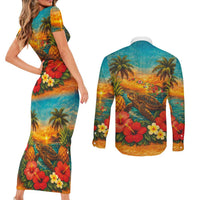 Hawaiian Turtles on Beach Couples Matching Short Sleeve Bodycon Dress and Long Sleeve Button Shirt with Pineapple Tropical Plant and Lei