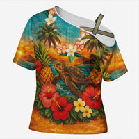 Hawaiian Turtles on Beach Cross Shoulder Shirt with Pineapple Tropical Plant and Lei LT03 Female Multicolor - Polynesian Pride