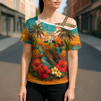 Hawaiian Turtles on Beach Cross Shoulder Shirt with Pineapple Tropical Plant and Lei LT03 - Polynesian Pride