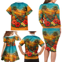 Hawaiian Turtles on Beach Family Matching Long Sleeve Bodycon Dress and Hawaiian Shirt with Pineapple Tropical Plant and Lei