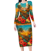 Hawaiian Turtles on Beach Family Matching Long Sleeve Bodycon Dress and Hawaiian Shirt with Pineapple Tropical Plant and Lei