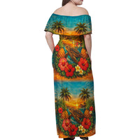 Hawaiian Turtles on Beach Family Matching Off Shoulder Maxi Dress and Hawaiian Shirt with Pineapple Tropical Plant and Lei