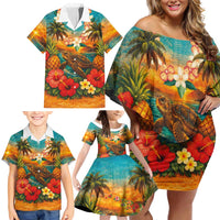 Hawaiian Turtles on Beach Family Matching Off Shoulder Short Dress and Hawaiian Shirt with Pineapple Tropical Plant and Lei