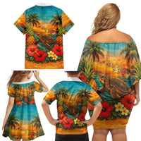 Hawaiian Turtles on Beach Family Matching Off Shoulder Short Dress and Hawaiian Shirt with Pineapple Tropical Plant and Lei