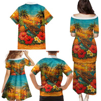 Hawaiian Turtles on Beach Family Matching Puletasi and Hawaiian Shirt with Pineapple Tropical Plant and Lei
