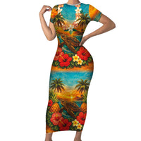 Hawaiian Turtles on Beach Family Matching Short Sleeve Bodycon Dress and Hawaiian Shirt with Pineapple Tropical Plant and Lei