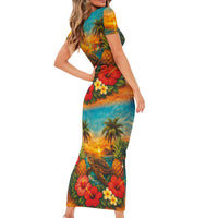 Hawaiian Turtles on Beach Family Matching Short Sleeve Bodycon Dress and Hawaiian Shirt with Pineapple Tropical Plant and Lei