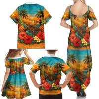 Hawaiian Turtles on Beach Family Matching Summer Maxi Dress and Hawaiian Shirt with Pineapple Tropical Plant and Lei