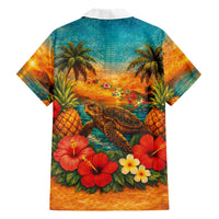 Hawaiian Turtles on Beach Family Matching Summer Maxi Dress and Hawaiian Shirt with Pineapple Tropical Plant and Lei