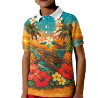 Hawaiian Turtles on Beach Kid Polo Shirt with Pineapple Tropical Plant and Lei LT03 Kid Multicolor - Polynesian Pride