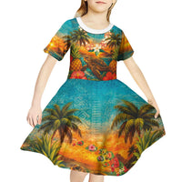 Hawaiian Turtles on Beach Kid Short Sleeve Dress with Pineapple Tropical Plant and Lei LT03 - Polynesian Pride